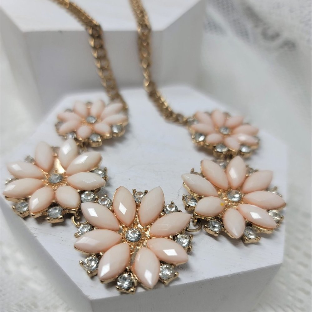 Pink Flower & Rhinestone Necklace Goldtone - Picture 2 of 5
